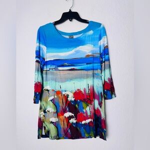 Dolcezza Womens Top Colorful Seaside Beach Resort Art 3/4 Sleeve Tunic Medium